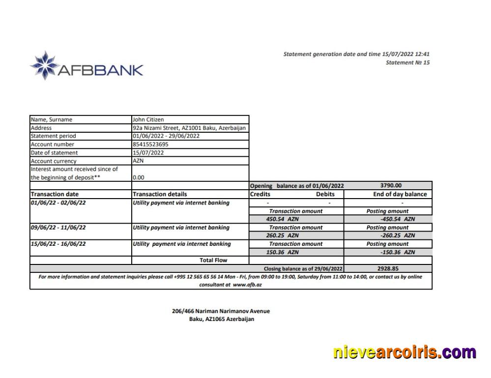 Azerbaijan Afbbank bank statement